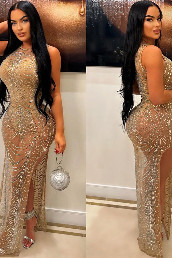 Wear Pure Color Mesh Rhinestone Sleeveless Maxi Dress