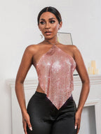 New Solid Color Metal Sexy Hot Girl Halter Sequin Sling Top For Women - DanaFashionstore