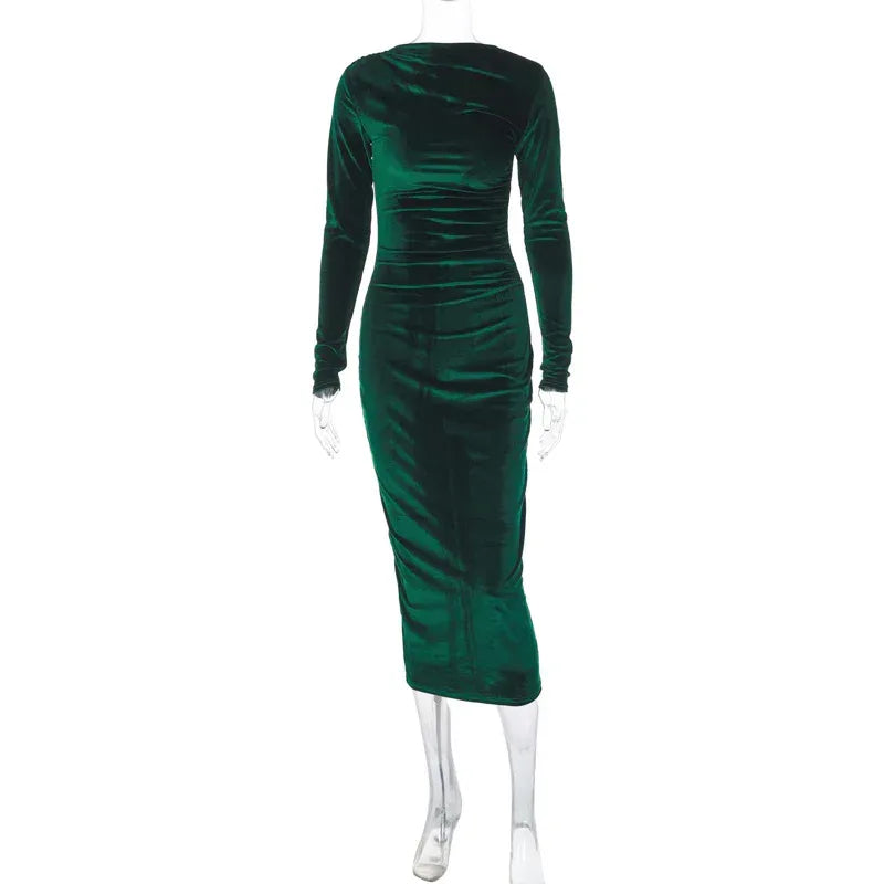 Solid Color Pleated Round-Neck Dress 2026 - Slim Long-Sleeved Dress - DanaFashionstore