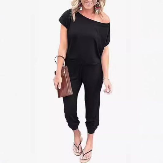 Fashion Slant Shoulder Short Sleeve Pocket Women's Jumpsuit