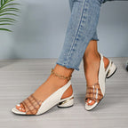 Ins Plaid Stone Pattern Sandals Summer Peep Toe Block Heels Ankle-strap Office Shoes For Women - DanaFashionstore