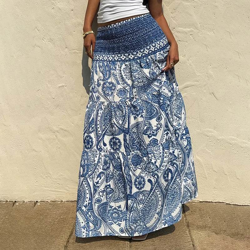 Women's Boho Floral Print Maxi Skirt - Elastic Waist A-Line Long Skirt For Spring&Summer Casual Beach Skirt - Dana Fashion