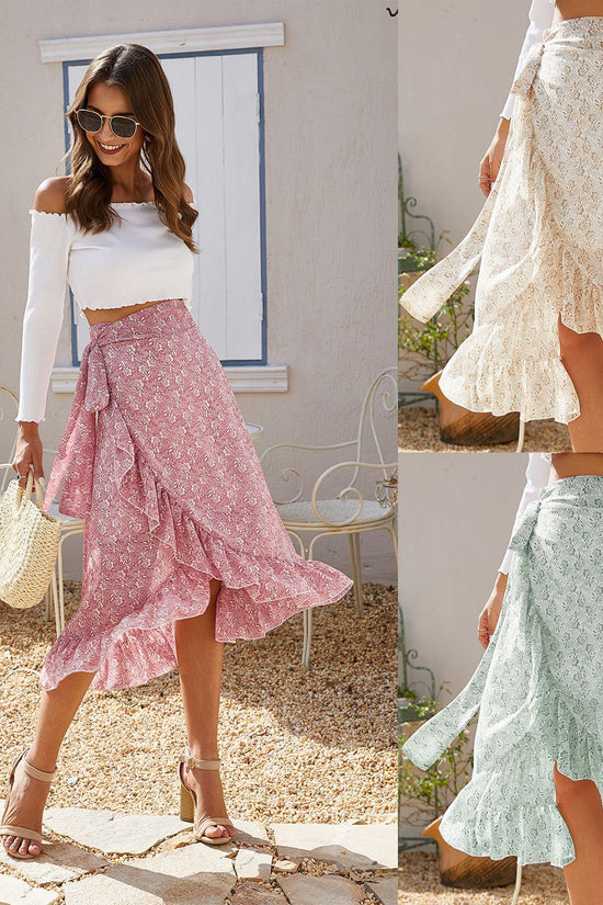 Woman Skirts High Waist Fashion Long Black Knotted Tied Wrap Floral Ruffle Chiffon A-Line Split Skirt Spring Summer Clothes
