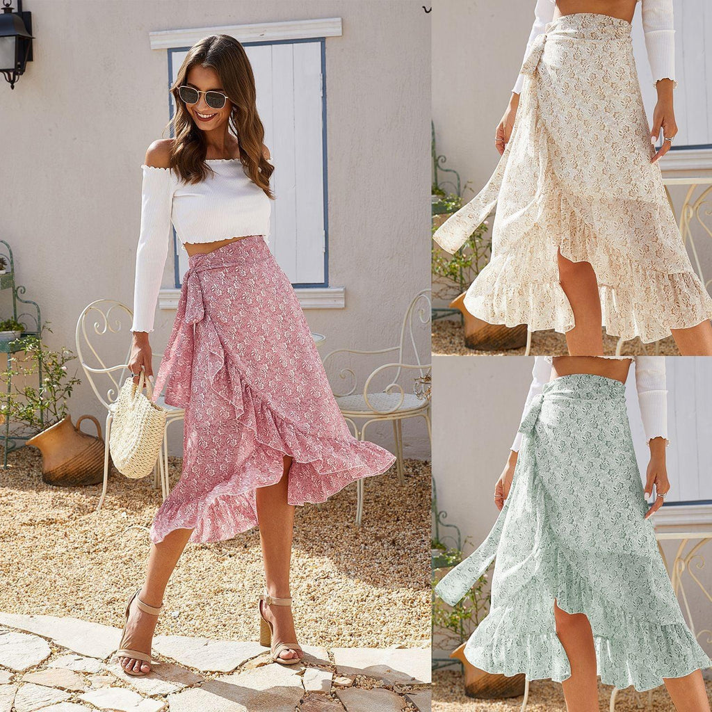 Woman Skirts High Waist Fashion Long Black Knotted Tied Wrap Floral Ruffle Chiffon A-Line Split Skirt Spring Summer Clothes - DanaFashionstore