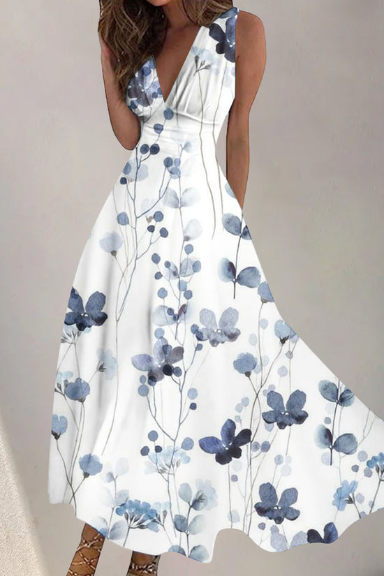 Women's Digital Printing Fashion V-neck Swing Long Dress