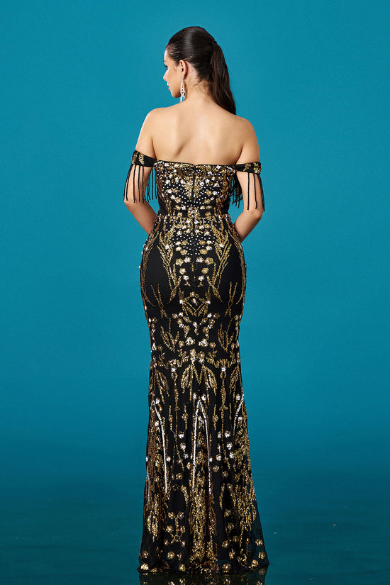 Off-neck Tassel Sequined Fishtail Evening Dress For Banquet