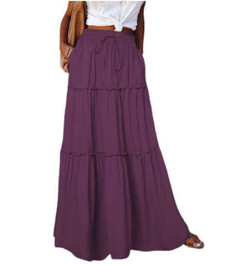 Women's Elastic High Waist A-Line Pleated Casual Maxi Dress