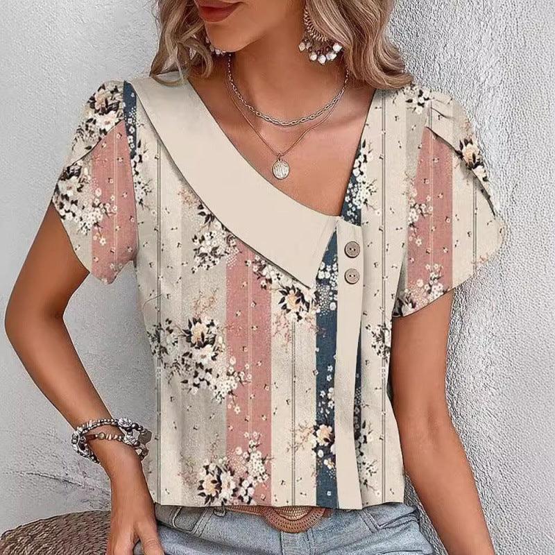 Casual Diagonal Collar Short-sleeved T-shirt - DanaFashionstore