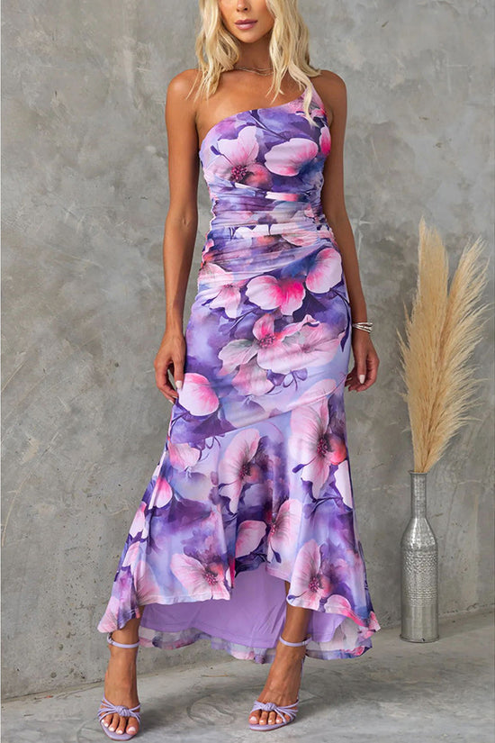 Flowers Print One-shoulder Dress Summer INS Casual Suspender Long Dresses Womens Clothing