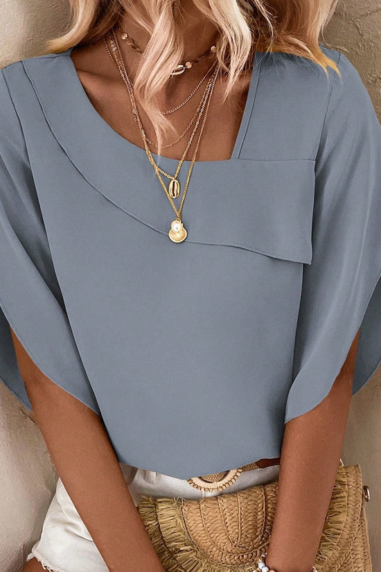 Solid Asymmetrical Neck Petal Sleeve Blouse