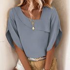 Solid Asymmetrical Neck Petal Sleeve Blouse - DanaFashionstore