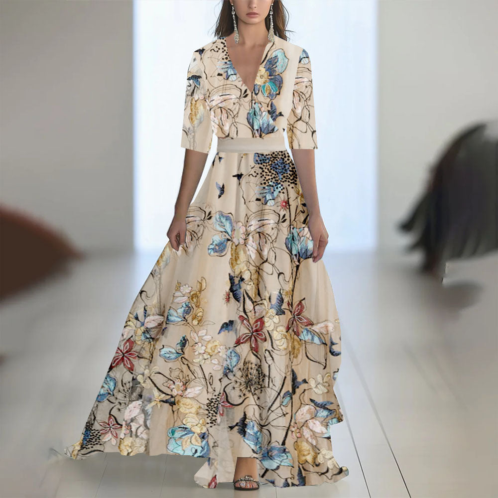 Printed Long Sleeved V-neck Patchwork Dress