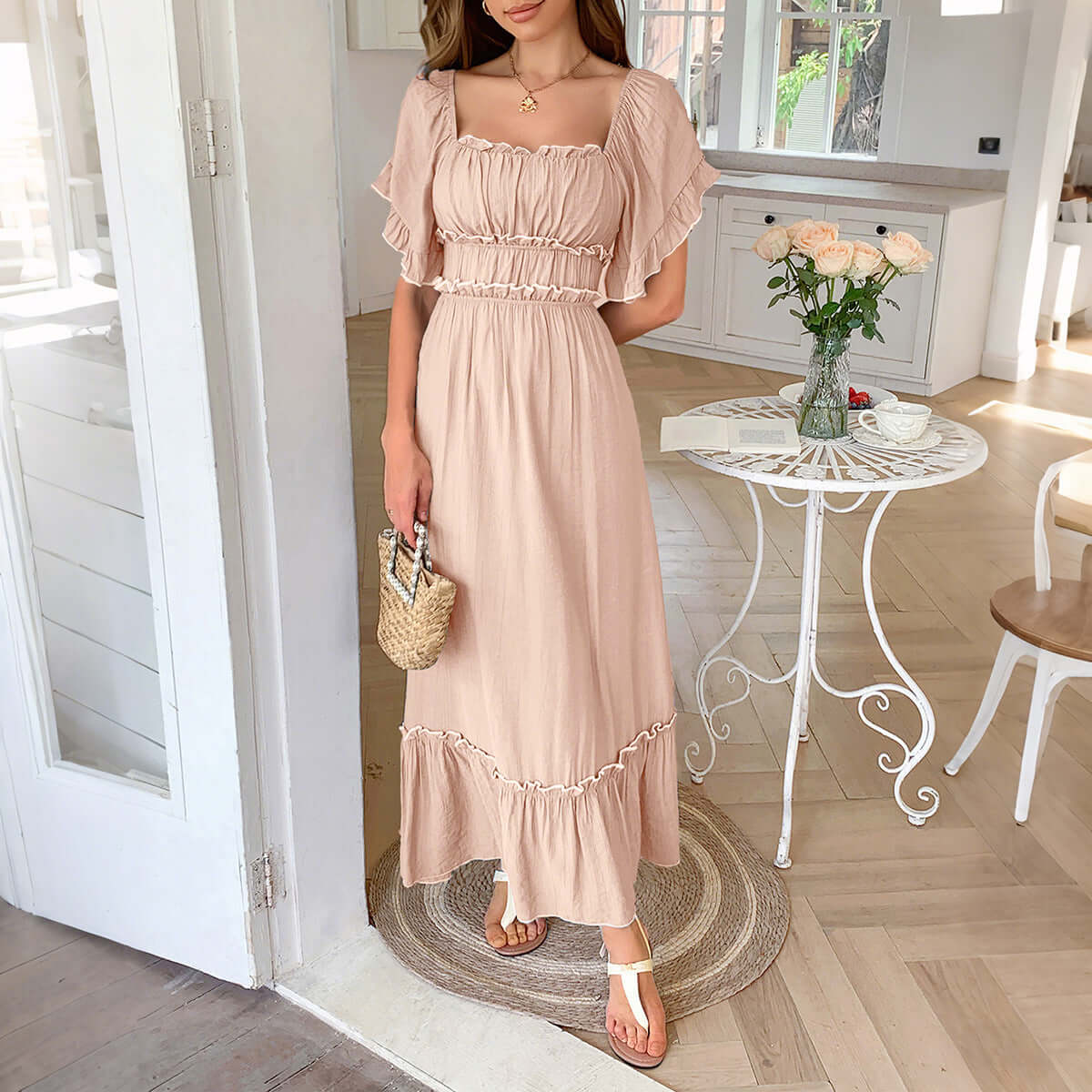 European And American Leisure Vacation Style Stringy Selvedge Short Sleeve Dress $59.50 Dana Fashion Color: Orange Pink Size: L Women's clothing Product information: Color: green, blue, black, apricot, orange pink Waist type: high waist Size: S,M,L,XL Ski