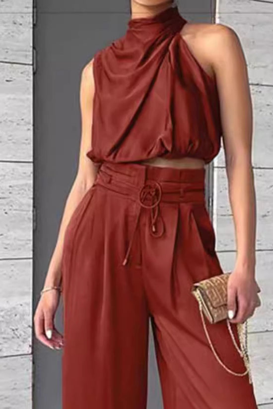 Summer Suits Casual Sleeveless Midriff-baring Top And Wide Leg Pants 2pcs Set Womens Clothing