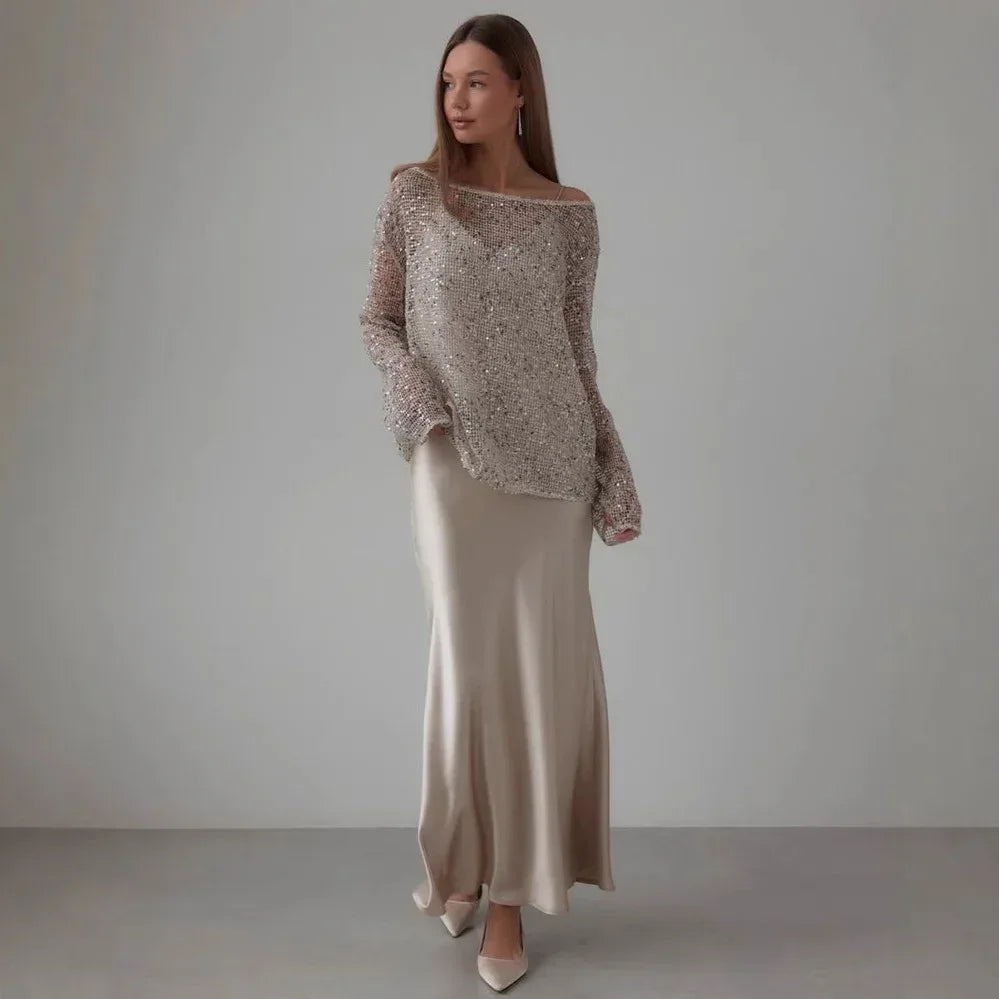 European And American Long Sleeve Hollow Loose Pullover Sequined Top Women's Clothing - DanaFashionstore
