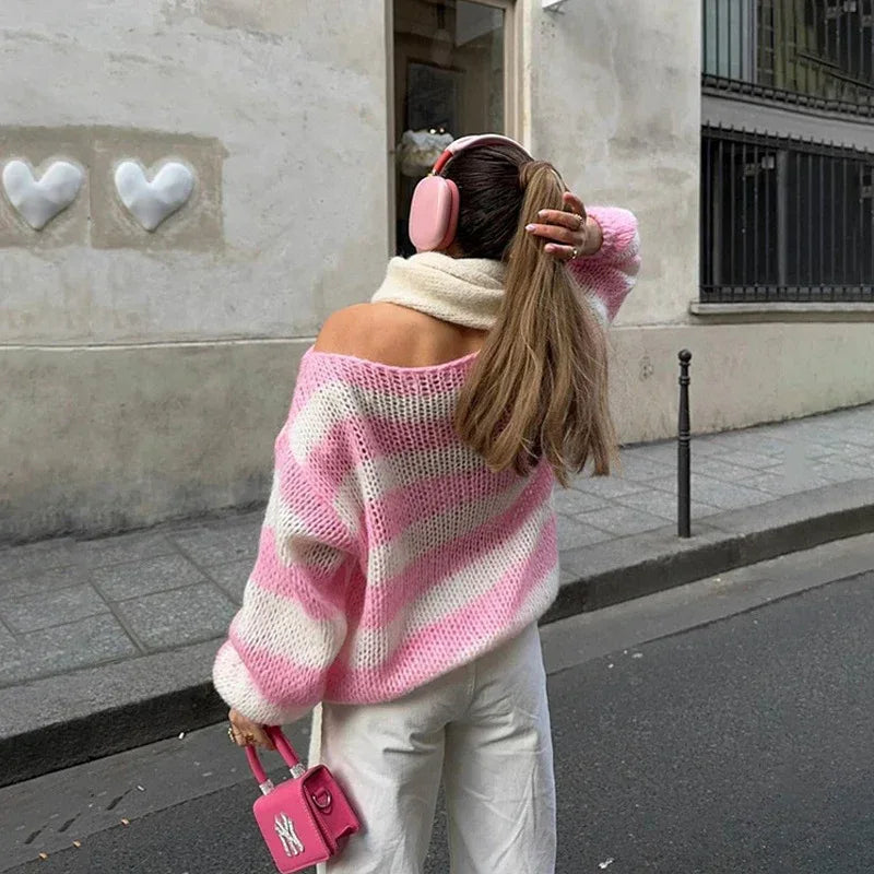 Loose Striped Pullover Sweater Fashion Versatile Long-sleeved Knitted Tops For Women Clothing - DanaFashionstore