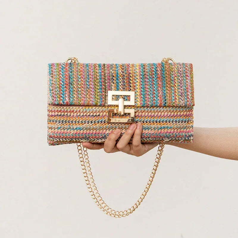 Bag Women's Vacation Style Multi-compartment Chain Flap Screw Lock Straw Bag - DanaFashionstore