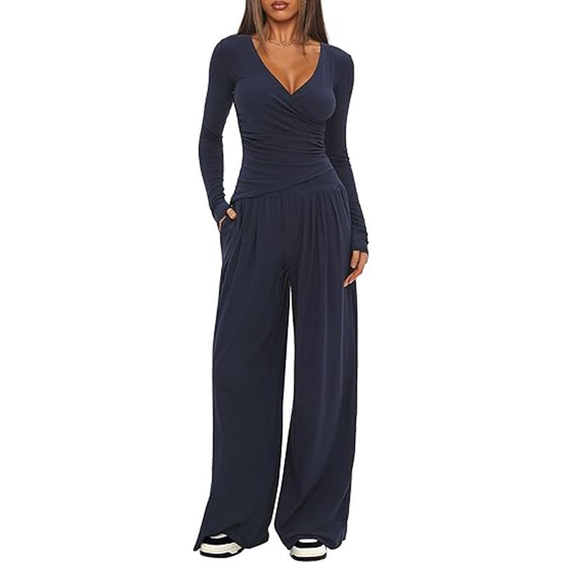 2 Pieces Women's V Neck Long-sleeve Sportswear Top And Wide-leg Pants Set Casual Comfortable Outfit Set For Daily Wear Gym Sports Outfit