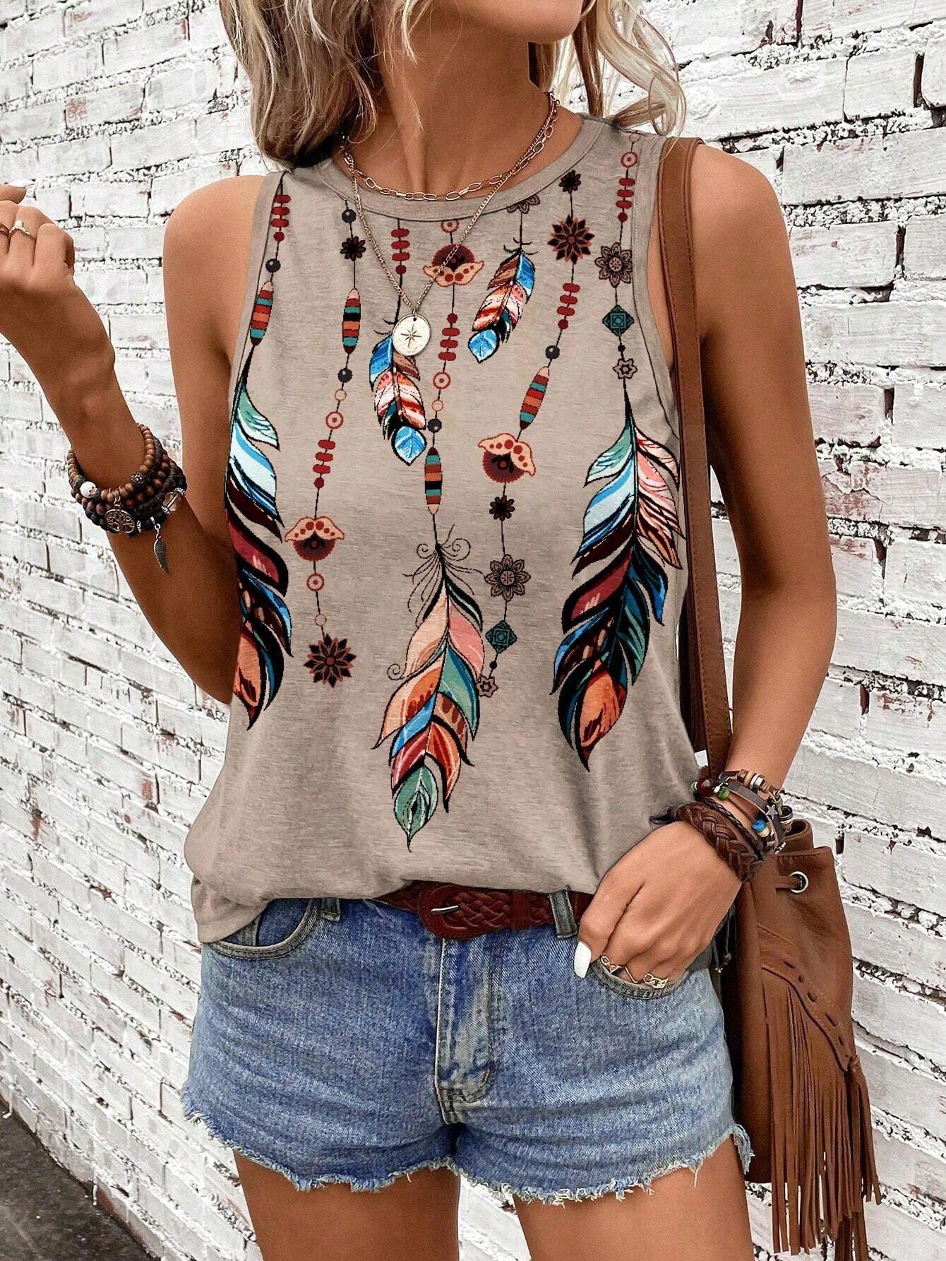 Women's Feather Print Vest Summer Print - DanaFashionstore