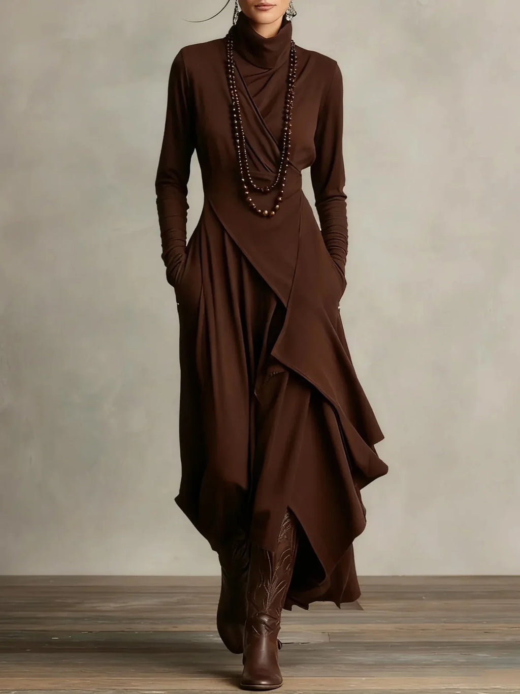 Women's Solid Color Cross-sleeve High-neck Dress - DanaFashionstore