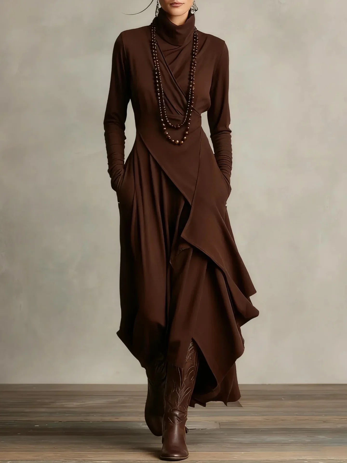 Women's Solid Color Cross-sleeve High-neck Dress - DanaFashionstore