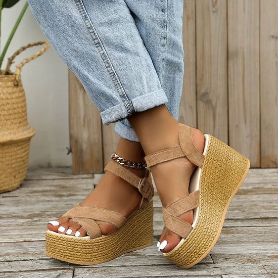 Wedge Sandals For Women Summer Casual Non-slip Cross-strap Platform Shoes With Hemp Heels Shoes - DanaFashionstore