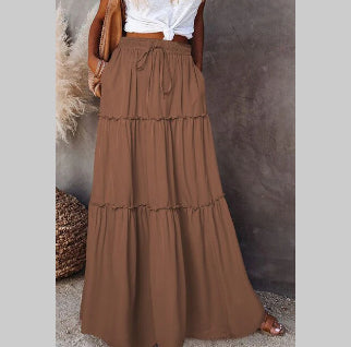 Women's Elastic High Waist A-Line Pleated Casual Maxi Dress