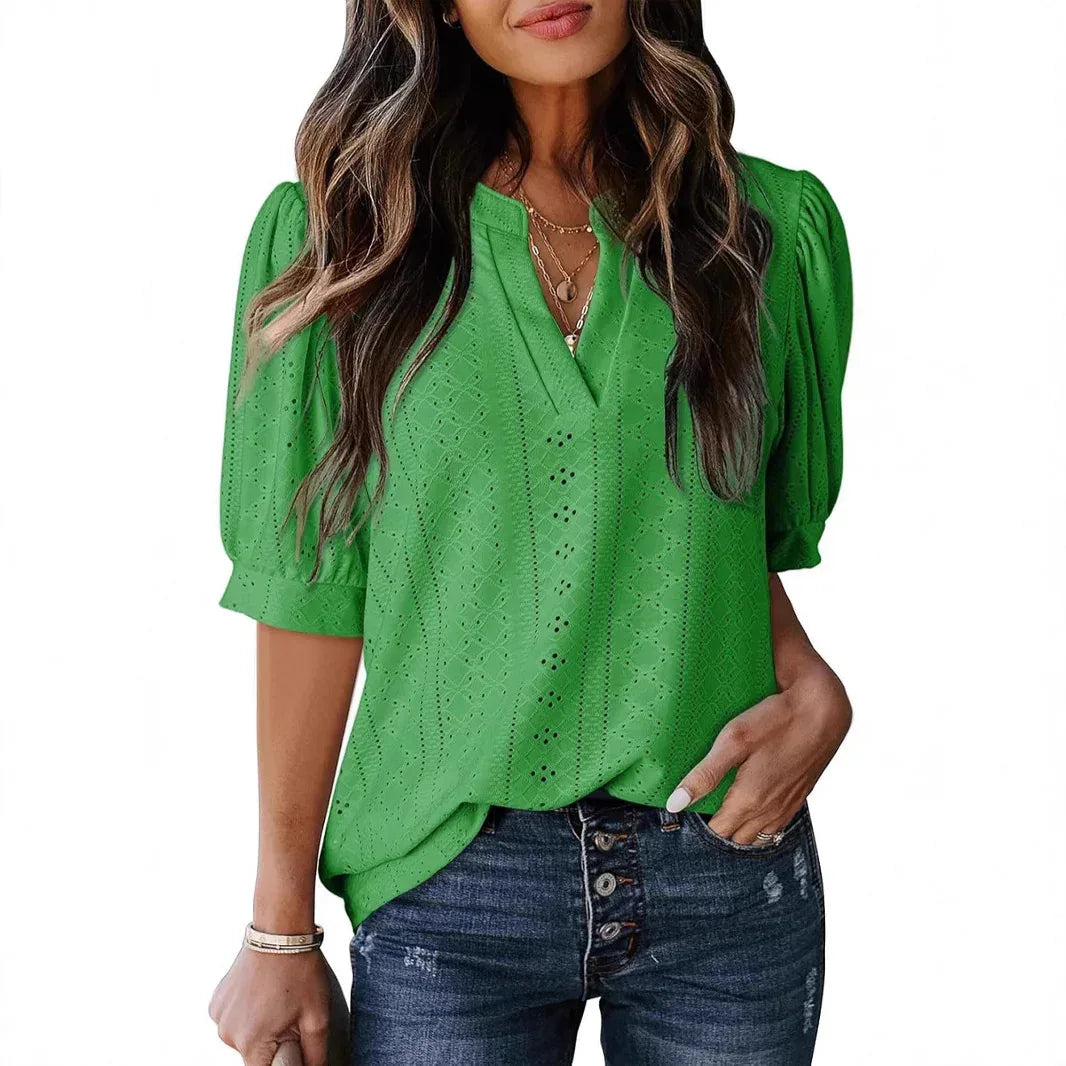 Women's Summer Business Casual Blouse V-neck Short Sleeve Shirt - DanaFashionstore