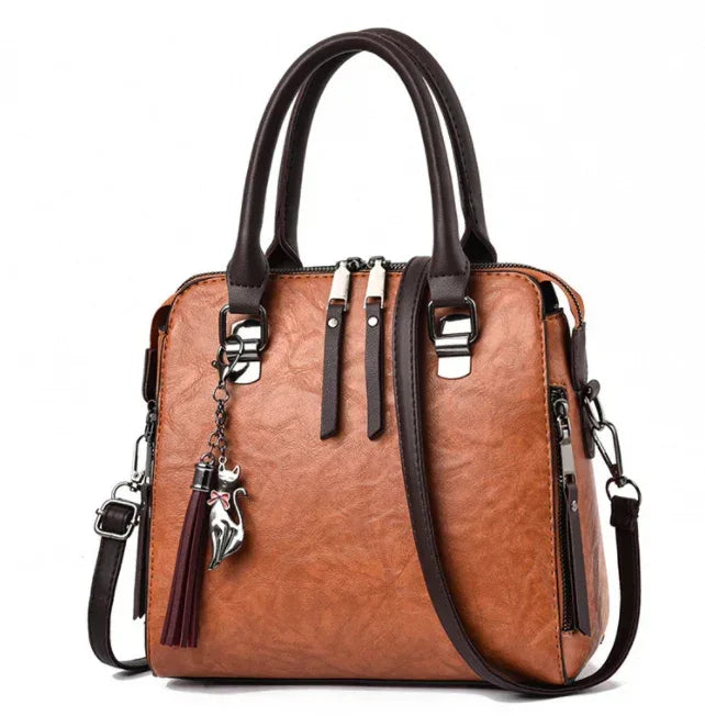 Vintage Handbag Women PU Leather Tassel Top-handle Bag Fashion Lady Tote Luxury Large Capacity Shoulder Bag - DanaFashionstore