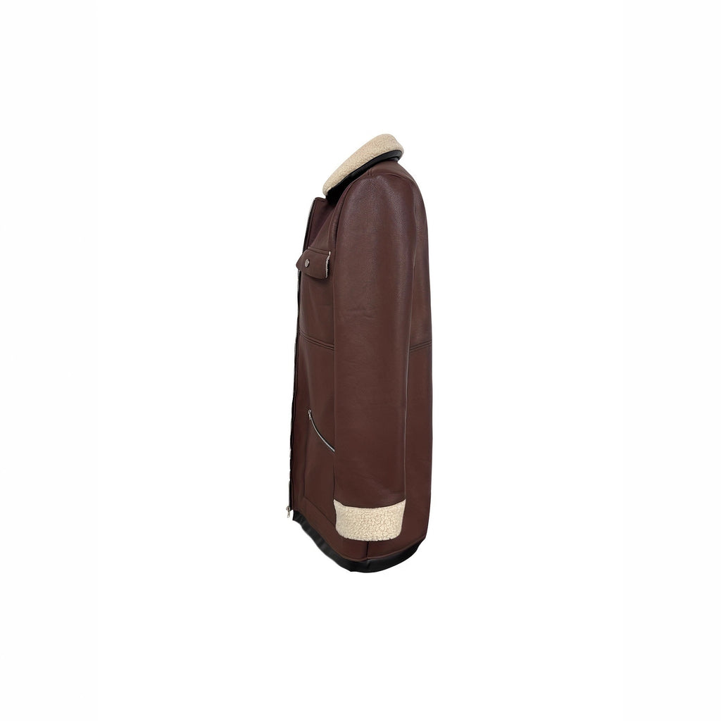 Faux Suede Zipper Composite Fur Integrated Turn-down Collar Coat