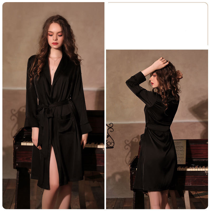 Imitation Silk Private Room Mid-length Nightgown Bathrobe Set - Dana Fashion