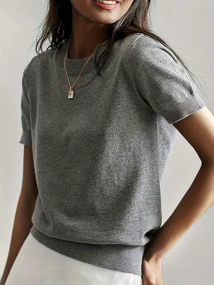 Simple Niche Round Neck Solid Color French Short Sleeve Sweater Sweater - DanaFashionstore