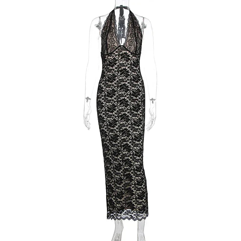 Sexy Halter Lace Split Dress Women 2026 - Slim Fit Summer Dress - DanaFashionstore