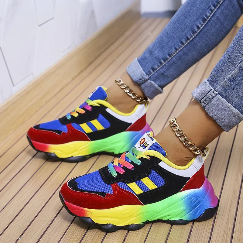 Women's Fashion Thick Bottom Colorful Front Lace-up Sneakers - DanaFashionstore