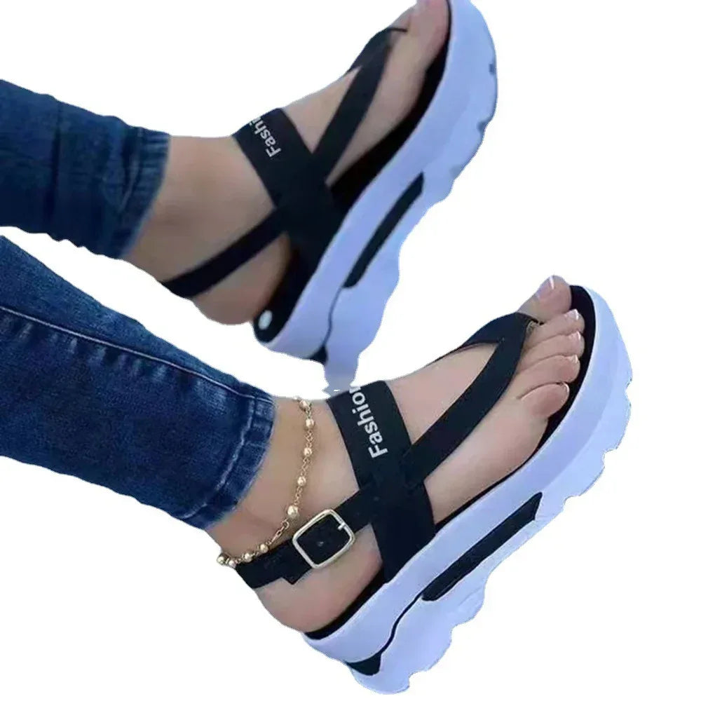 Ladies Thong Platform Heightened Solid Color Buckle Velcro Sandals - DanaFashionstore