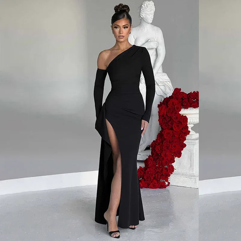 Knitted One-Shoulder Dress 2026 - Long Sleeve Split Dress - DanaFashionstore