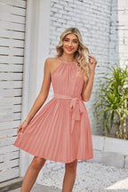 Women's Fashion Elegant Halter Lace-up Sleeveless Pleated Mini Dress