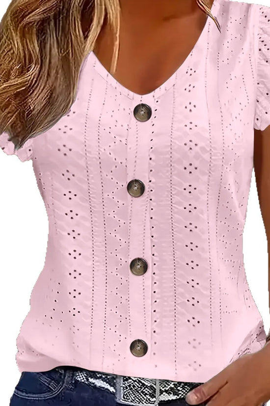 Solid Color Jacquard V-neck Buttons Long Sleeve T-shirt