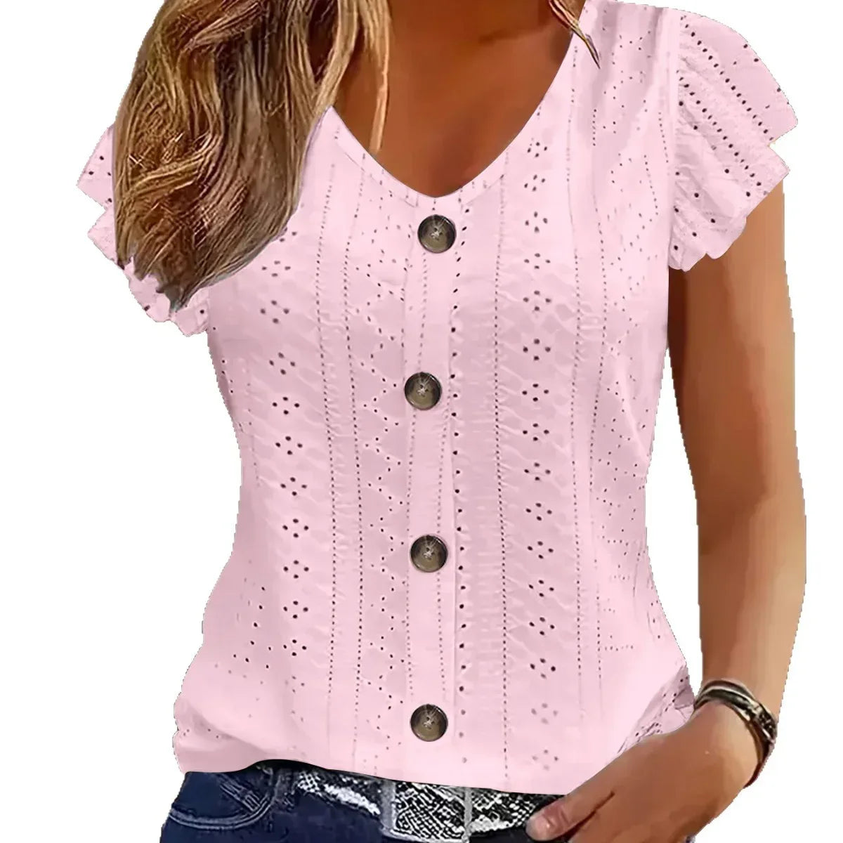 Solid Color Jacquard V-neck Buttons Long Sleeve T-shirt - DanaFashionstore