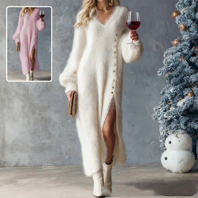 Chic Split Knitted Dress With Buttons Design Winter V-Neck Fleece Maxi Dresses Evening Party Club Fashion Women's Clothing - DanaFashionstore