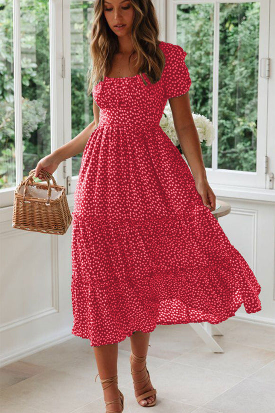 Square Collar Short Sleeve Dress Summer Puff Floral Printed Dress Long Dresses