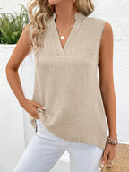 Solid Notched V-Neck Sleeveless Button Back Shirt - DanaFashionstore