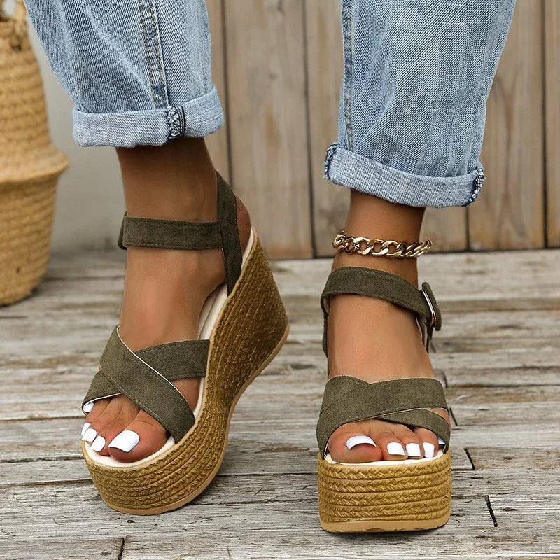 Wedge Sandals For Women Summer Casual Non-slip Cross-strap Platform Shoes With Hemp Heels Shoes - DanaFashionstore