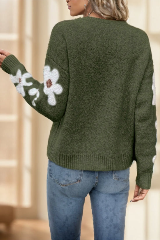 Floral Pattern Drop Shoulder Sweater,Long Sleeve Tops