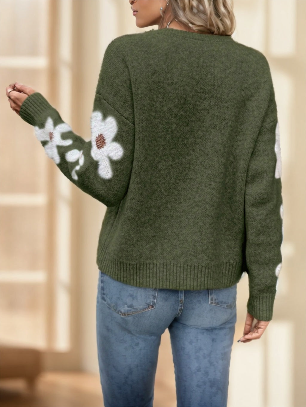 Floral Pattern Drop Shoulder Sweater,Long Sleeve Tops