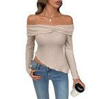 Women's Knitted Solid Color Long Sleeve Off Shoulder Irregular Hem - DanaFashionstore