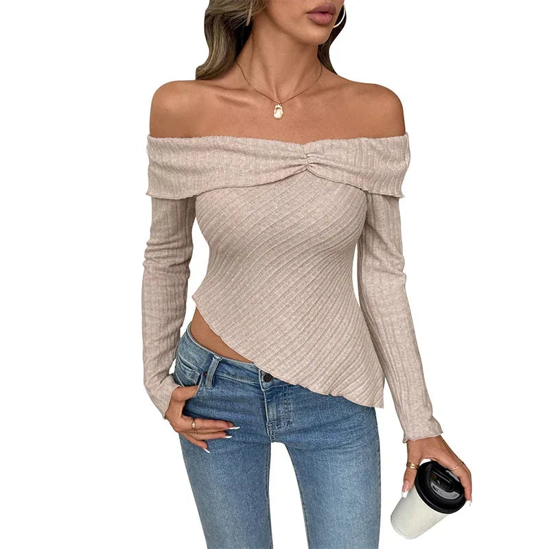 Women's Knitted Solid Color Long Sleeve Off Shoulder Irregular Hem - DanaFashionstore