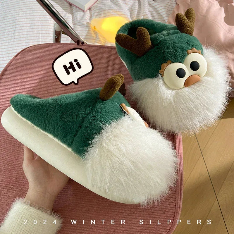 Cute Cartoon Christmas Deer Cotton Shoes Winter Indoor Floor Home Slippers Half-covered Heel Warm Plush Shoes Women - DanaFashionstore
