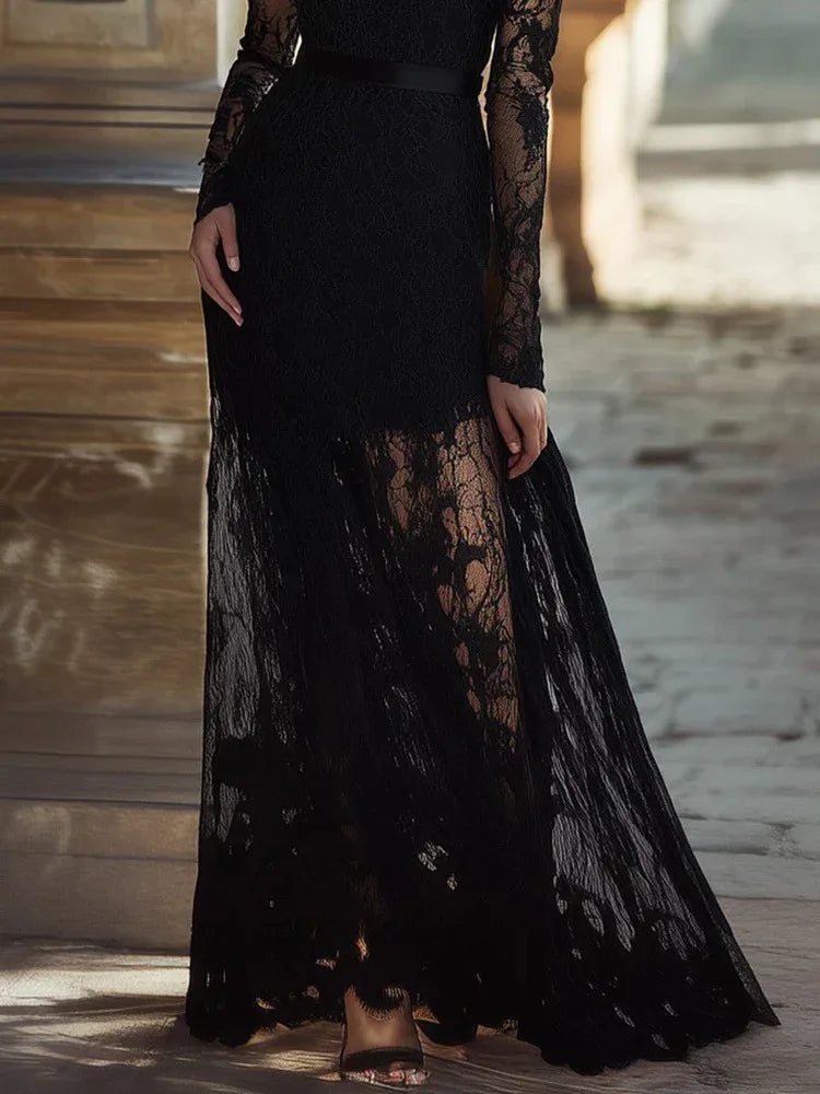 Women's Solid-color Hollow-out Vintage Stand-collar Long-sleeve Lace Maxi Dress With A Fitted Waist - DanaFashionstore
