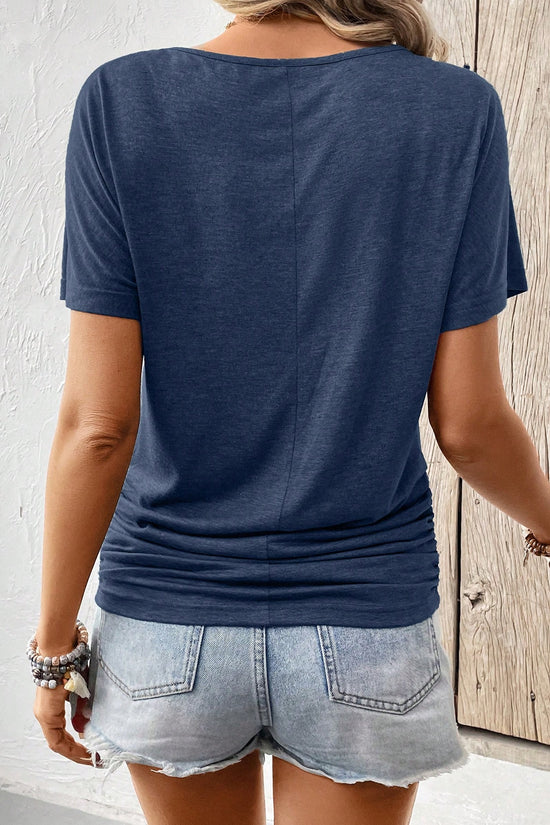 Women Summer Solid Color V-Neck Short Sleeve Casual T-Shirt